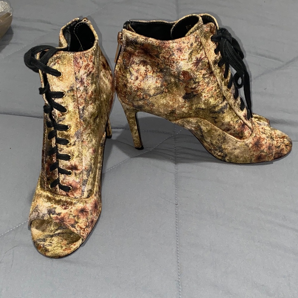 Nanette Lepore Gold and Black Velvet Lace-Up Peep-Toe Ankle Booties